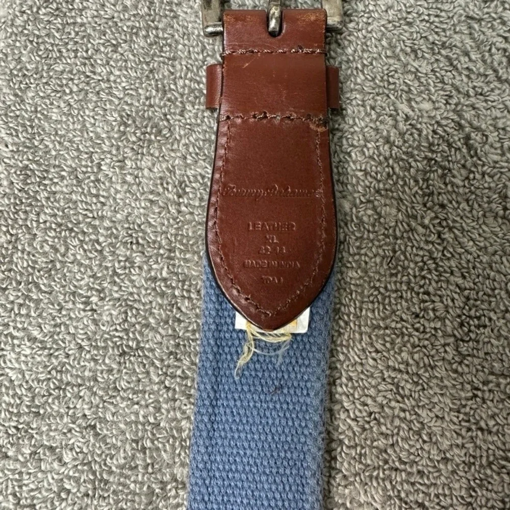 Tommy Bahama Mens XL 42-44 Blue Canvas Brown Leather Web Belt Marlin Logo